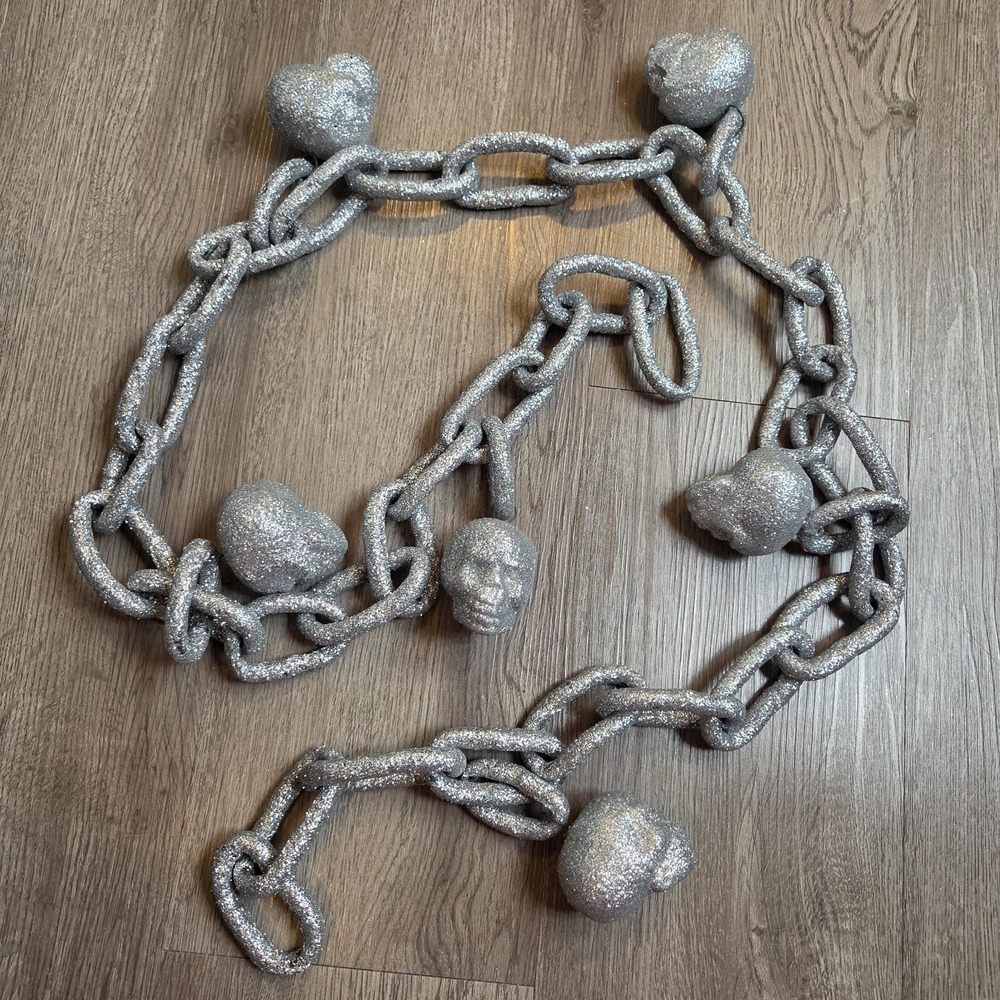 Vintage Bethany Lowe Glitter Styrofoam Chain w/ Hanging Skull Prop 67" Long